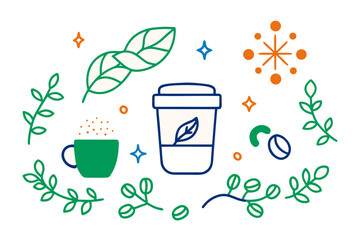 Whimsical Herbal Tea and Coffee Celebration Illustration on Dark Backdrop