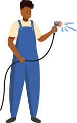 Gardener holding a water hose and using a spray nozzle, gardening and plant care concept