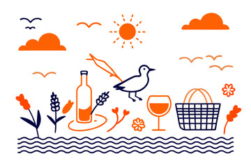 Whimsical picnic scene with bird wine sun and patterned water