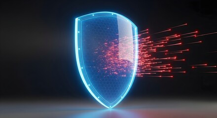 Cybersecurity concept showing a futuristic glowing shield deflecting digital threats and data attacks on a dark background.