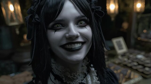 Creepy gothic girl smiles at a dessert shop.