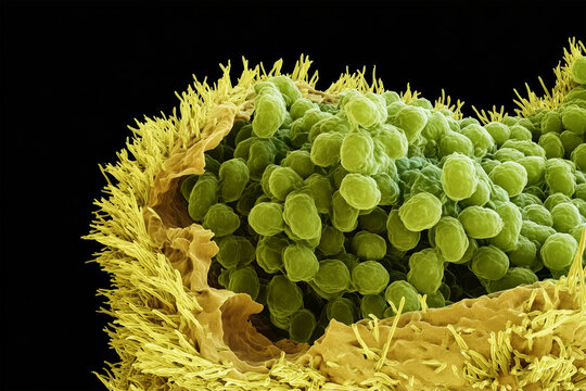 3D SEM-style render of a ruptured epithelial cell infected with Chlamydia trachomatis, showing dense clusters of yellow-green bacteria and microvilli on the cell surface