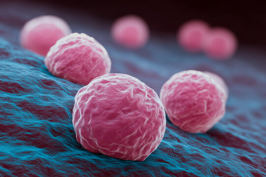 Chlamydia trachomatis or other STI-related bacteria on epithelial tissue, spherical bacterial cells with textured membranes, clustered on mucosal surface
