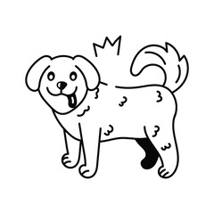 A black and white line drawing of a dog with shaped markings a small crown and its tongue sticking out