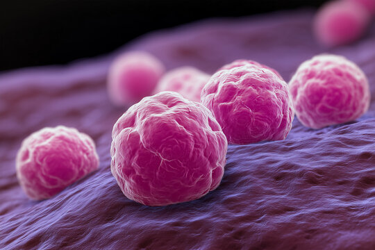 Bacteria on epithelial tissue, cells resting on a purple surface. Can represent Chlamydia trachomatis, Neisseria gonorrhoeae, Staphylococcus, or Streptococcus