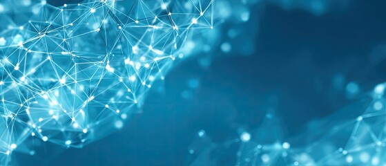 Abstract digital network design with glowing connections and blurred elements on a blue backdrop