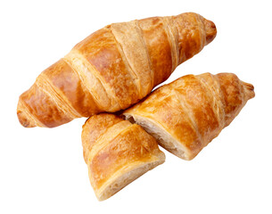 Top view of one brown or golden croissants with two halves in stack isolated with clipping path in png file format