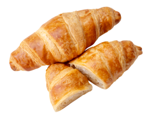 Top view of one brown or golden croissants with two halves in stack isolated with clipping path in png file format