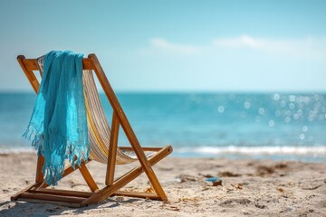Fototapeta premium Wooden beach chair on sand with a blue towel, ocean in background, on a sunny day