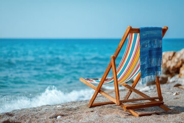 Fototapeta premium Empty wooden chair on a sandy beach with a blue cloth draped, overlooking a turquoise ocean