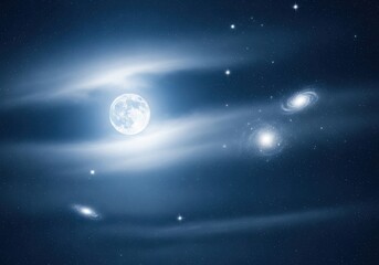 Naklejka premium Mysterious celestial orb brightly shining through cosmic clouds and distant stars