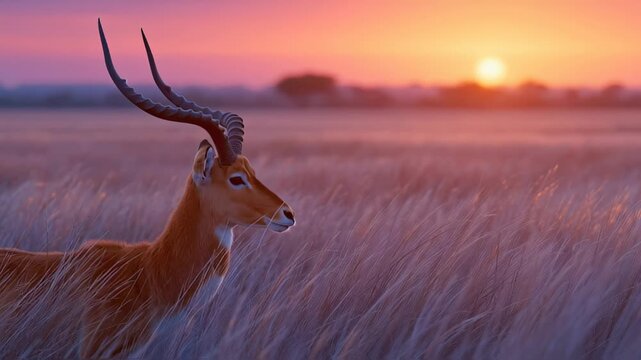 Elegant lechwe antelope grazes in golden sunset savanna.