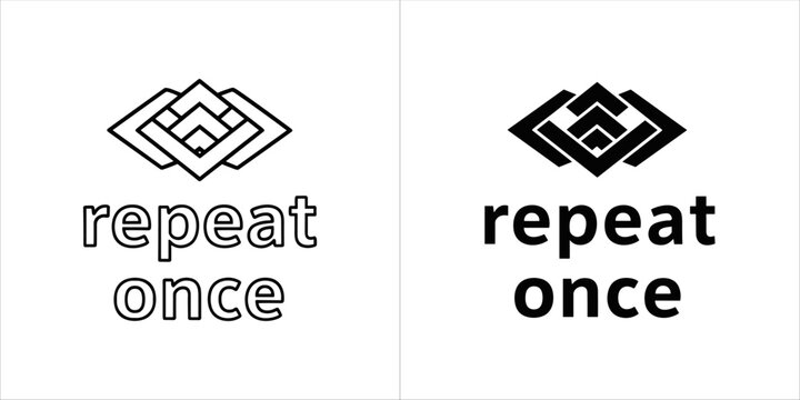 Two abstract geometric logos with text repeat once, one outlined and one solid