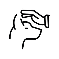 A black line drawing depicts a dogs head being petted by a hand The hand has a visible wrist