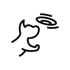 A black line drawing of a dog reaching towards a flying disk