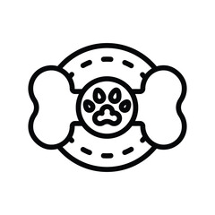 A black line drawing shows a dog toy Its a bone attached to a ring with a paw print in the center