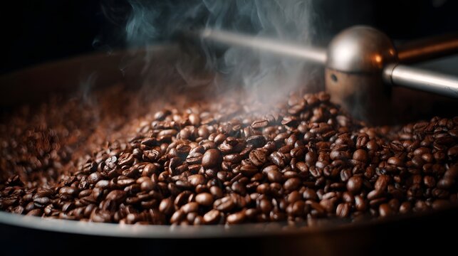 Dark aromatic coffee beans roasting in a drum emitting steam