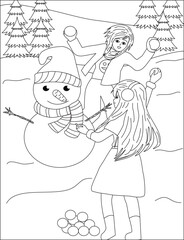 Girls Playing With Snow Coloring Page Snowman Snow Fighting Winter Activities Vector Art