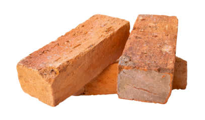 Side view of three cracked old red or orange bricks in stack isolated with clipping path in png file format