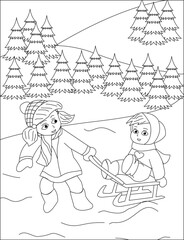 Kids Playful Winter Activity Coloring Page Vector