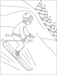 Skiing Kids Coloring Page Winter Sports Activity Vector