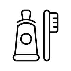 A black outline illustration of a tube of toothpaste and a toothbrush The tube has a circle and the brush has bristles