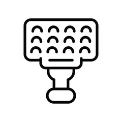 A black outlined icon depicts a rectangular panel with sixteen evenly spaced curved shapes arranged in four rows The panel is attached to a handle