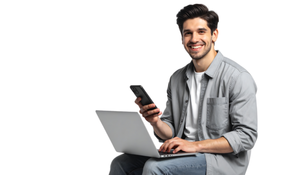 Smiling man in gray shirt uses laptop and holds phone, against a white background, isolated cutout