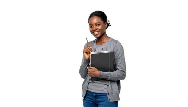 Young african american woman smiling, holding a pen and a notebook, on a white background, cutout