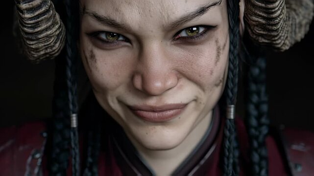 Fantasy woman with horns and braids smiles slyly.