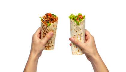 Two hands holding two different wraps with fillings, against a white background, transparent png