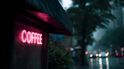 A neon coffee sign glows on a wet rainy city street at night