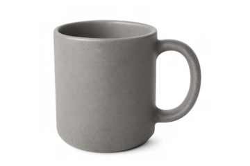 Gray ceramic mug creating space for your beverage, minimal design cup for coffee or tea on transparent background