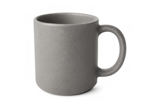 Gray ceramic mug creating space for your beverage, minimal design cup for coffee or tea on transparent background