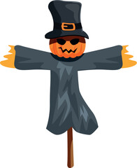 Obraz premium Halloween scarecrow with pumpkin head wearing black hat is standing in the garden