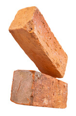Side view of two cracked old red or orange bricks in stack isolated with clipping path in png file format