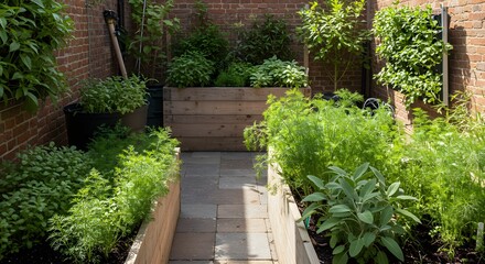 Naklejka premium Vegetable garden with raised beds and brick walls filled with lush greenery
