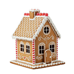 Delicious gingerbread house decorated with royal icing and candies for christmas celebration isolated on transparent background