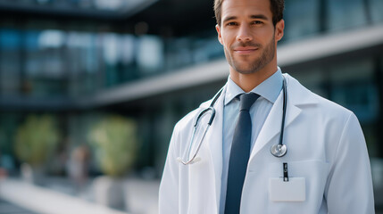 A doctor wearing a white lab coat with a stethoscope and identification badge, representing trust, medical expertise, authority, and the traditional image of healthcare professionalism. cinematic