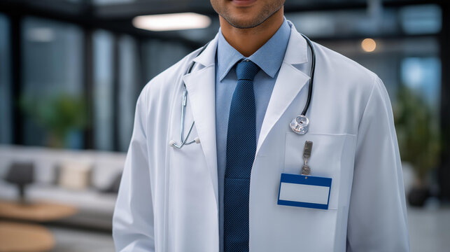 A doctor wearing a white lab coat with a stethoscope and identification badge, representing trust, medical expertise, authority, and the traditional image of healthcare professionalism. cinematic