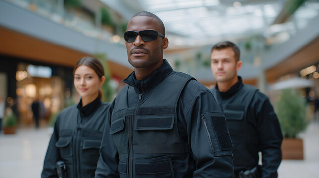A diverse team of security officers patrolling a busy shopping mall, representing teamwork, inclusivity, professionalism, and the visible presence of security as part of modern urban safety