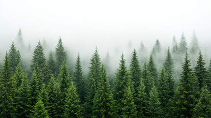 Fototapeta premium Lush evergreen trees shrouded in mist create serene and tranquil atmosphere