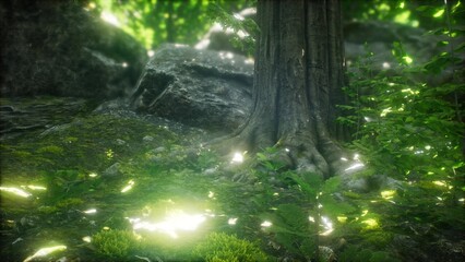 Obraz premium Sunlight gently pierces through a dense canopy, creating a magical glow on the forest floor. Vibrant greenery surrounds the ancient tree, enriching the serene landscape with life.