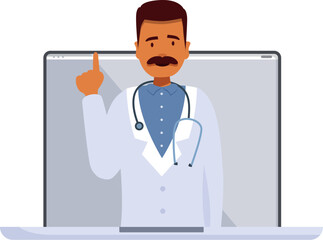 Doctor with stethoscope pointing up appearing from laptop screen during a video call, online medical consultation concept