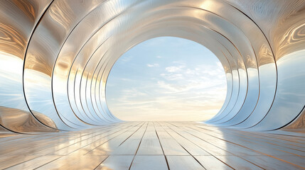 Obraz premium Serene and artistic space featuring curved metallic surfaces reflecting light, creating tranquil