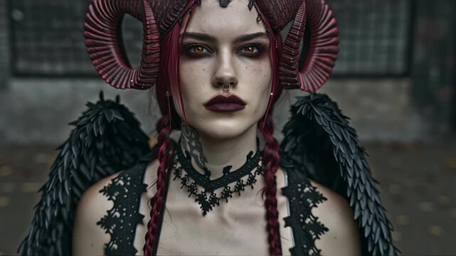 Intense succubus with red horns and dark wings.