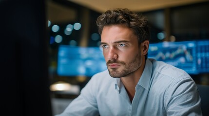 Financial analyst in a high-rise corporate office scrutinizing quarterly reports and stock trends on multiple monitors, expressing intense focus and determination, symbolizing market forecasting,
