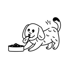 A cartoon dog with its tongue out reaches towards a bowl of food