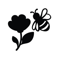 Simple Black and White Silhouette of a Bee Pollinating a Flower Illustration