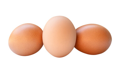 Side view of three fresh brown chicken eggs in stack isolated with clipping path in png file format